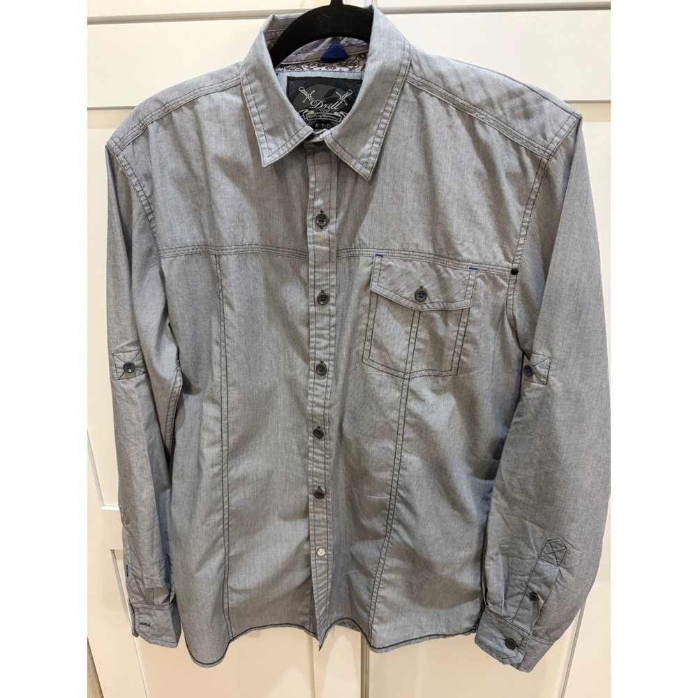 Drill Clothing Company Mens Small Blue White Striped Roll Tab Button Down Shirt - Picture 2 of 8